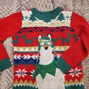 Holiday Time Unisex Kids 4/5 Xs Red and Green Llama Sweater Ugly Sweater